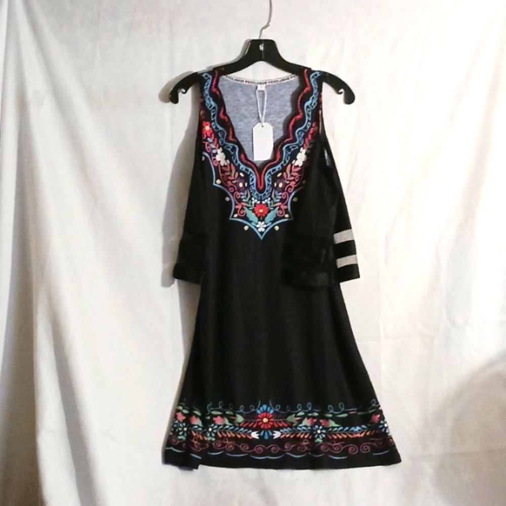 Black off the shoulder mini dress with flower print